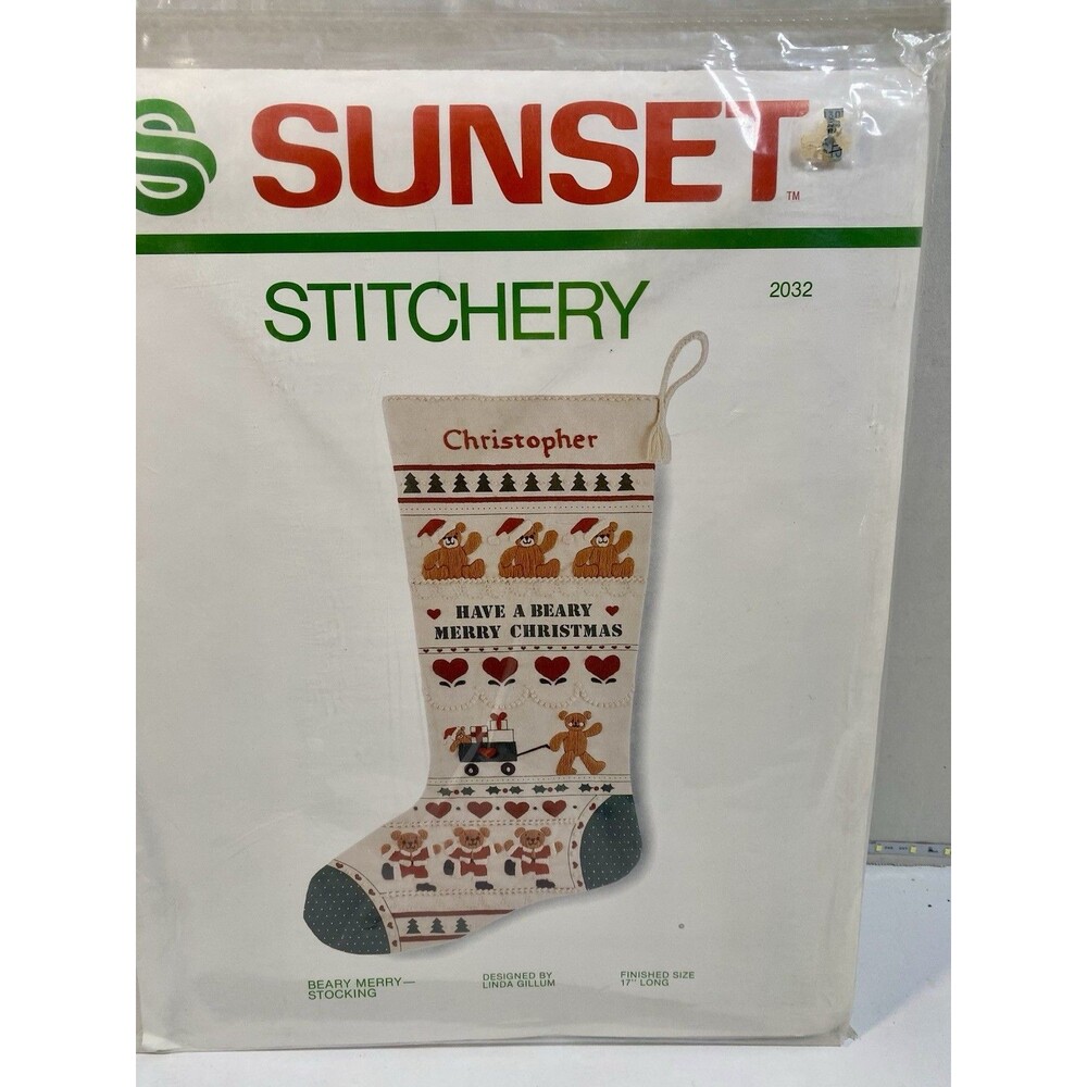 Sunset Stitchery Beary Merry Stocking Kit #2032 Sealed New from 1983 Personalize
